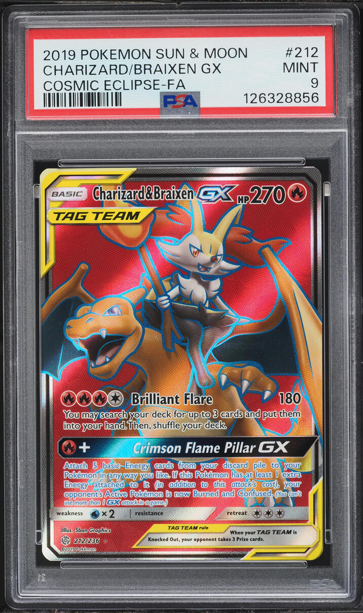 2019 Pokemon Sun & Moon Cosmic Eclipse Full Art Charizard & Braixen GX #212 PSA 9 MINT