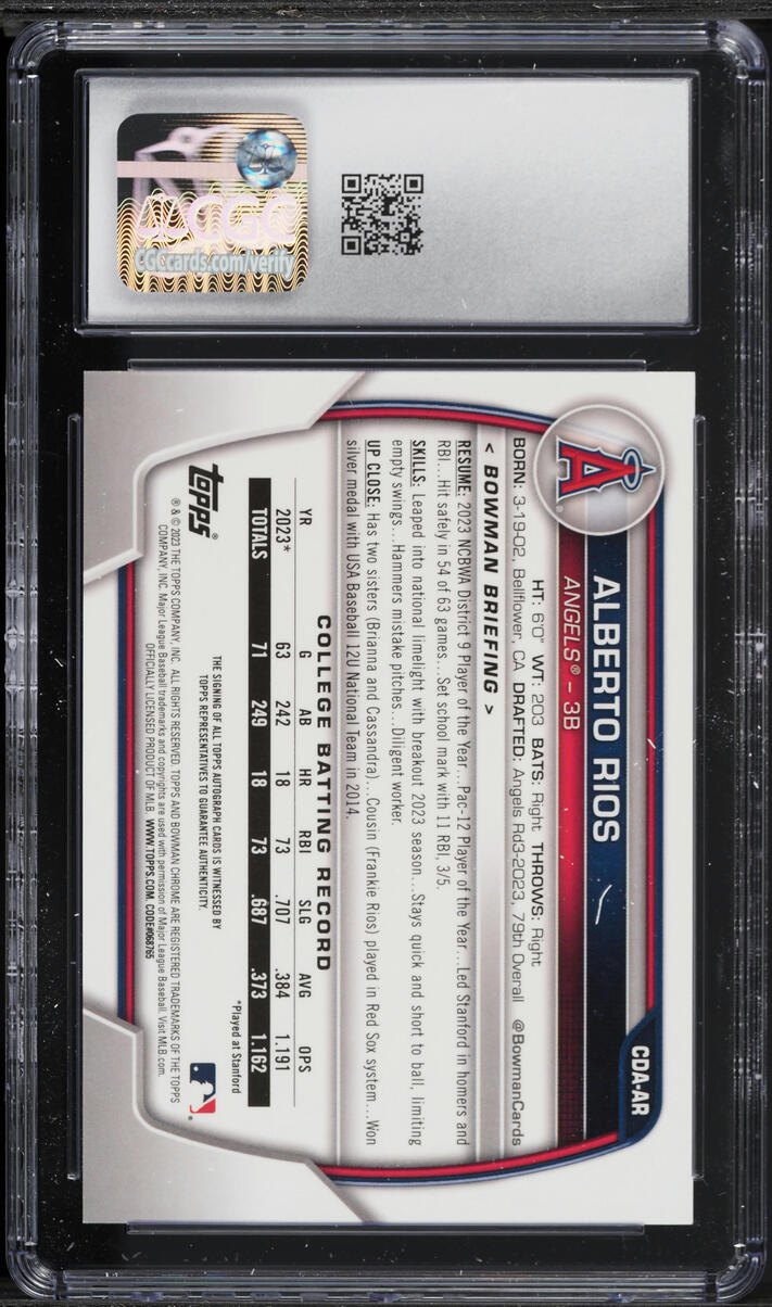 2023 Bowman Chrome Draft Alberto Rios PROSPECT AUTO #CDA-AR CGC 10 GEM MINT
