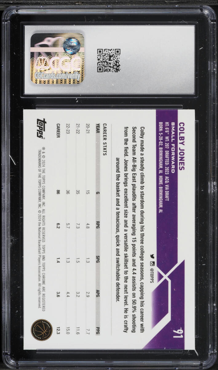2023 Topps Chrome Purple Refractor Colby Jones ROOKIE #91 CGC 10 GEM MINT