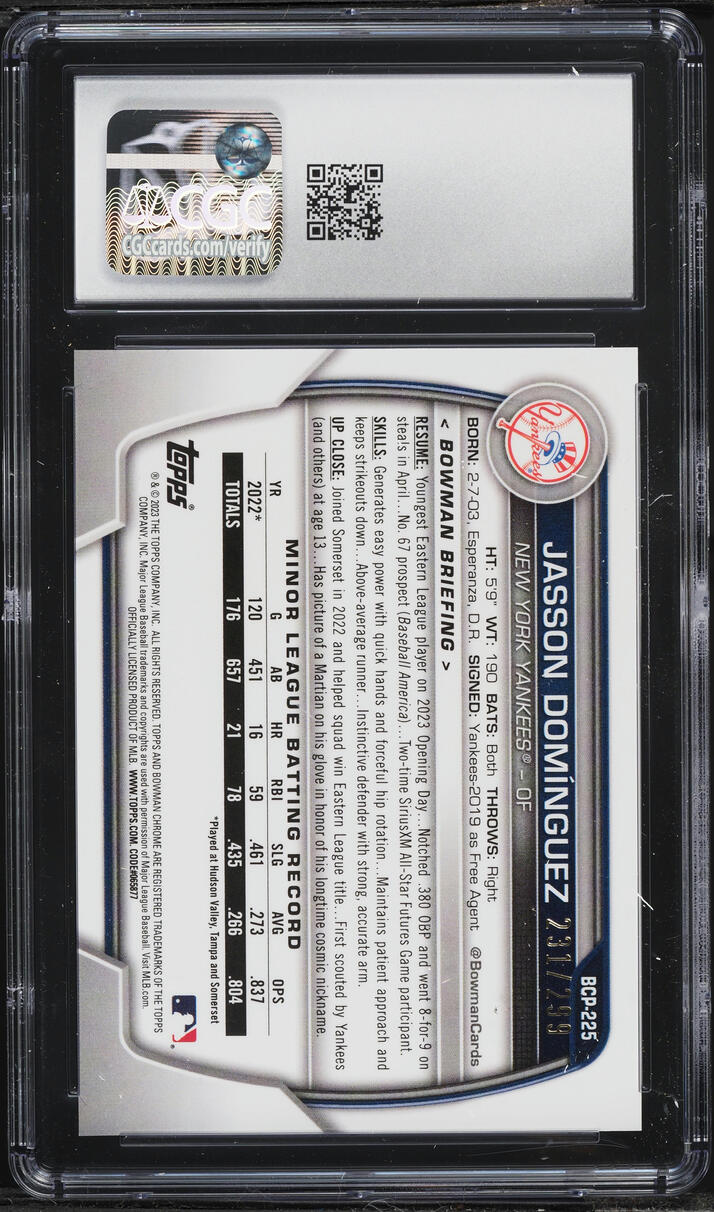 2023 Bowman Chrome Speckle Refractor Jasson Dominguez PROSPECT /299 #BCP-225 CGC 10 GEM MINT