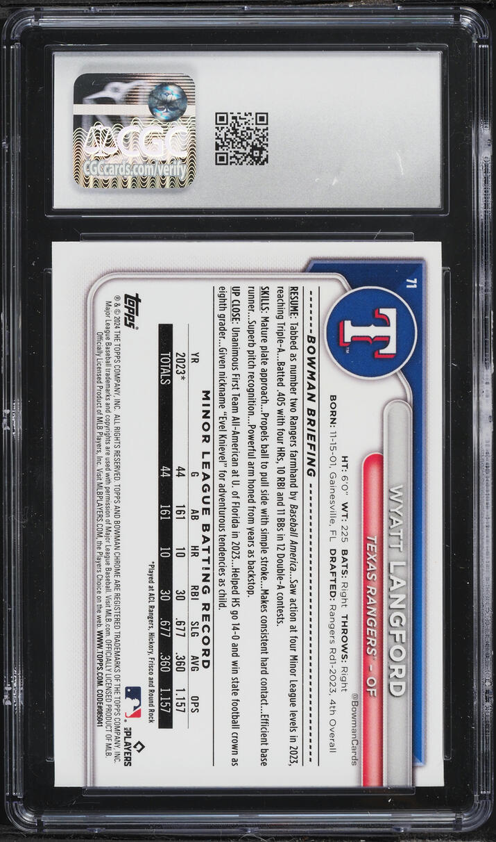 2024 Bowman Chrome Wyatt Langford ROOKIE #71 CGC 10 GEM MINT