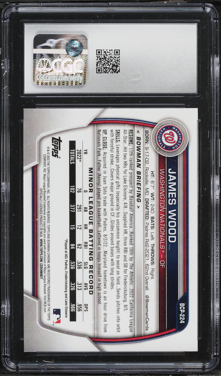 2023 Bowman Chrome Shimmer Refractor James Wood PROSPECT #BCP-224 CGC 10 GEM MINT