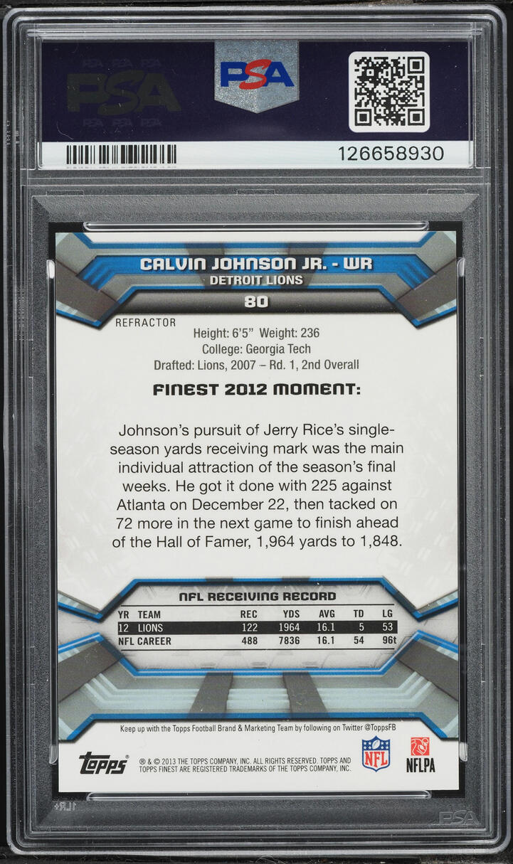 2013 Finest Red Refractor Calvin Johnson Jr. /50 #80 PSA 10 GEM MINT