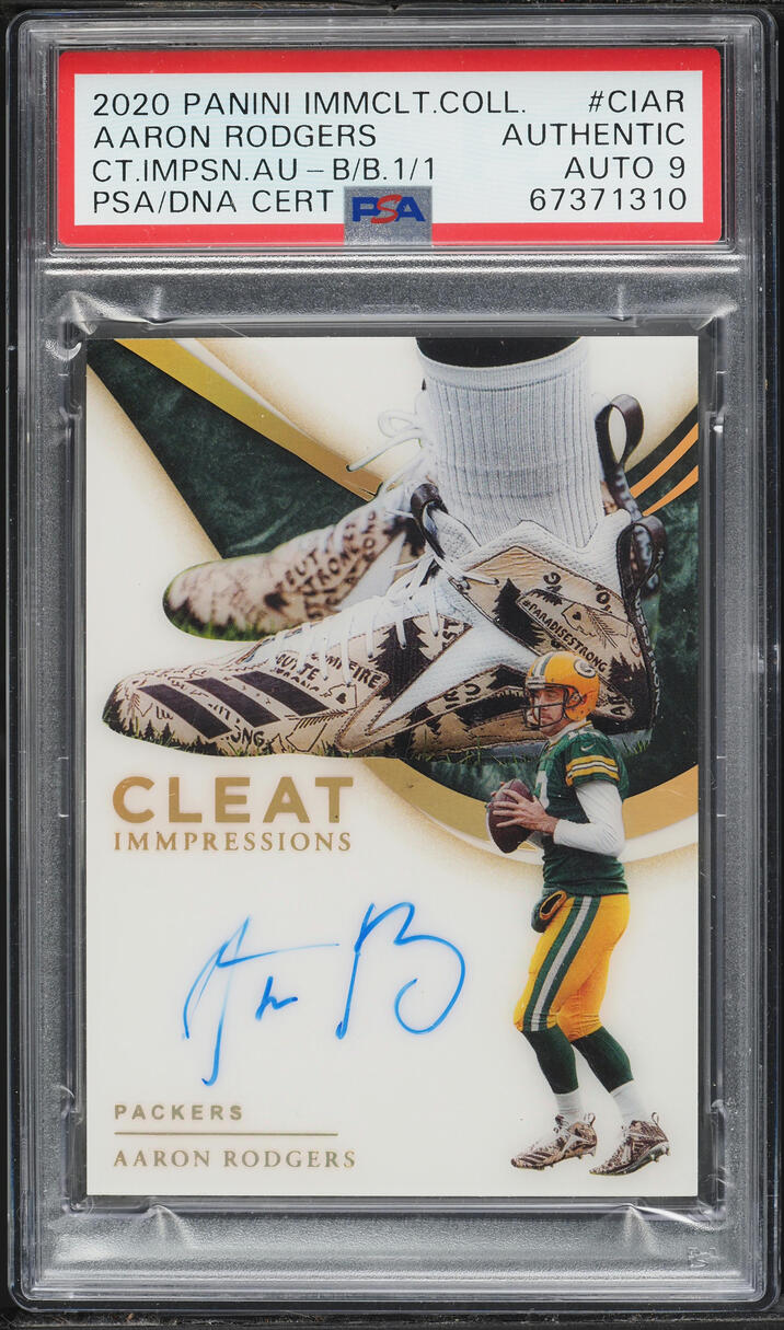 2020 Immaculate Collection Cleat Impressions Black Box Aaron Rodgers AUTO DNA 9 1/1 PSA AUTH