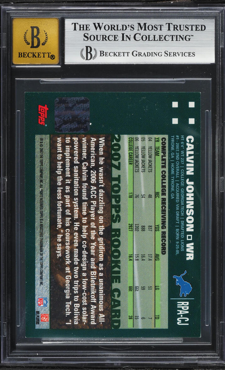 2007 Topps Rookie Premiere Calvin Johnson ROOKIE AUTO #CJ BGS 8 NM-MT
