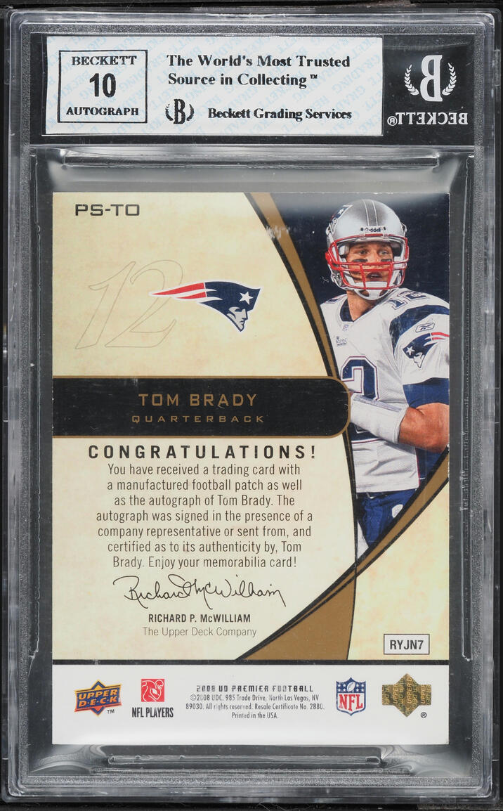 2008 Upper Deck Premier Stitchings Tom Brady PATCH AUTO #PSTO BGS 8 NM-MT
