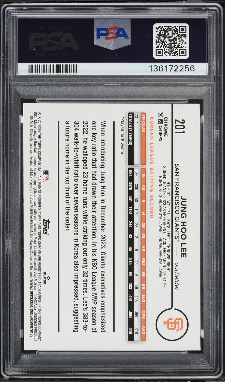 2024 Topps Chrome Logofractor Edition Blue Refractor Jung Hoo Lee ROOKIE /150 #201 PSA 9 MINT