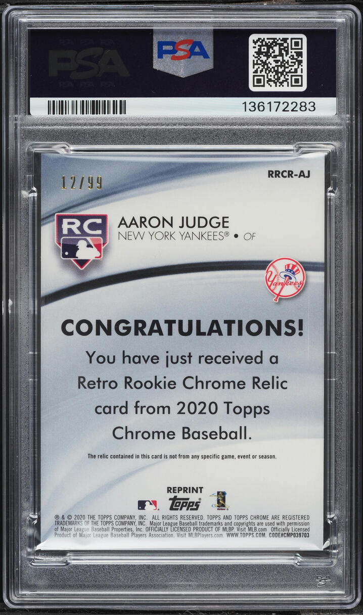 2020 Topps Chrome Retro Rookie Green Refractor Aaron Judge PATCH /99 #RRCR-AJ PSA 10 GEM MINT