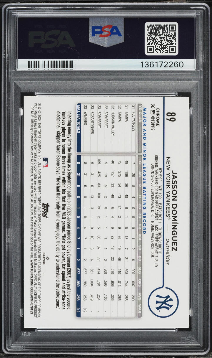 2024 Topps Chrome Logofractor Purple Refractor Jasson Dominguez ROOKIE /250 #89 PSA 9 MINT