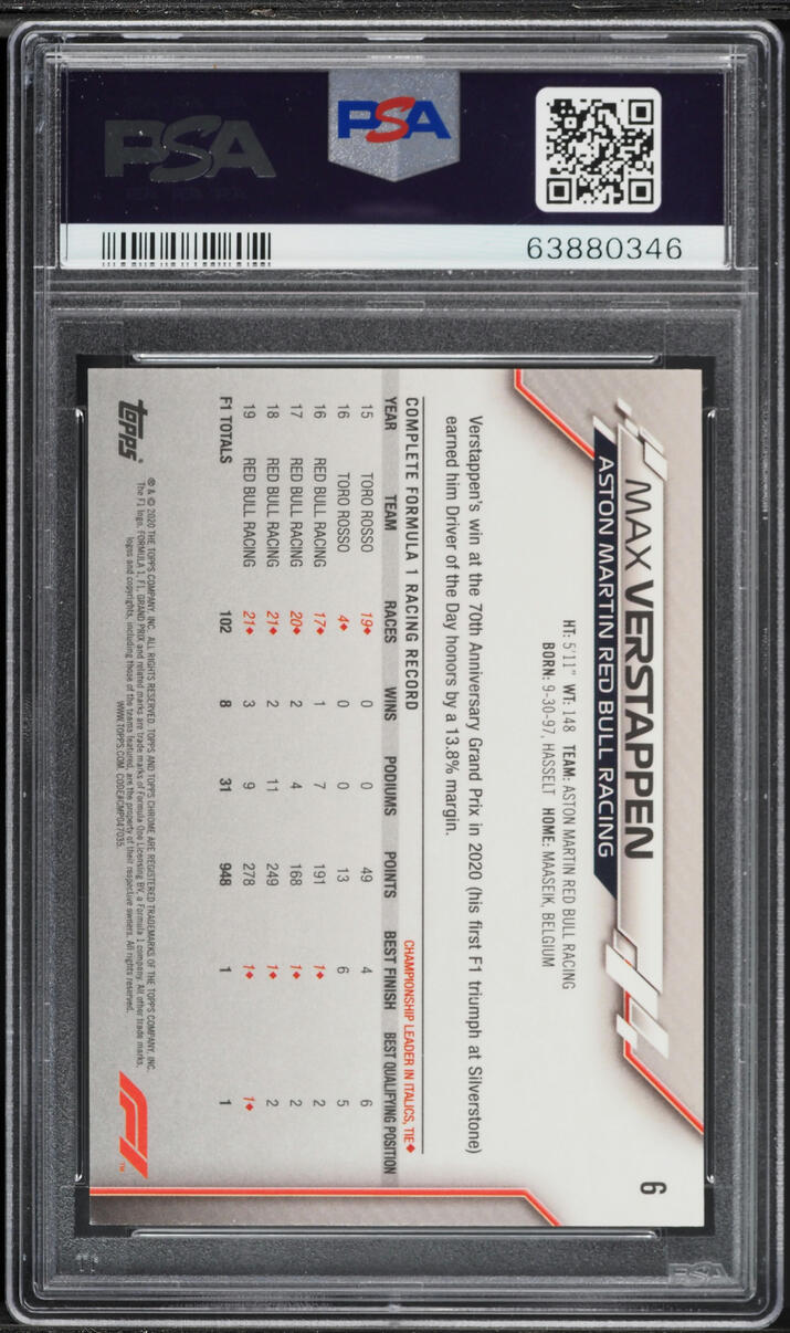 2020 Topps Chrome Formula 1 F1 Sapphire Max Verstappen SP #6 PSA 9 MINT