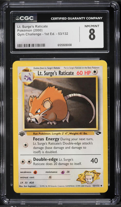 2000 Pokemon Gym Challenge 1st Edition Lt. Surge's Raticate #53 CGC 8 NM-MT