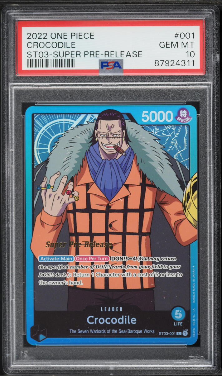 2022 One Piece Seven Warlords Of The Sea Super Pre-Release Leader Crocodile #ST03-001 PSA 10