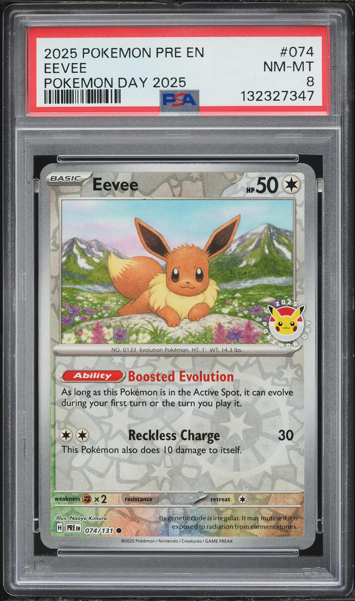 2025 Pokemon Scarlet & Violet Prismatic Evolutions Day '25 Reverse Holo Eevee #74 PSA 8 NM-MT