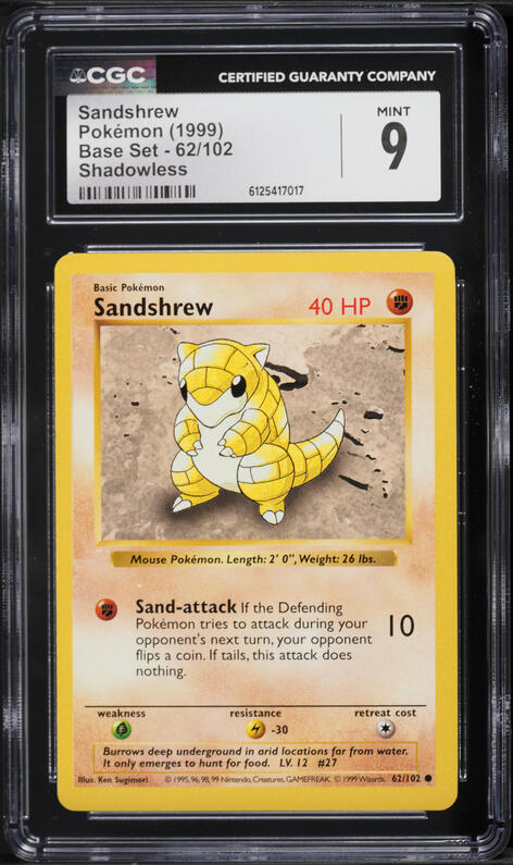 1999 Pokemon Base Set Shadowless Sandshrew #62 CGC 9 MINT