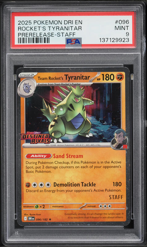 2025 Pokemon SV Destined Rivals Prerelease Staff Team Rocket's Tyranitar #96 PSA 9 MINT