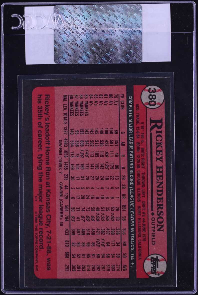 1989 Topps Rickey Henderson #380 CGC AUTH