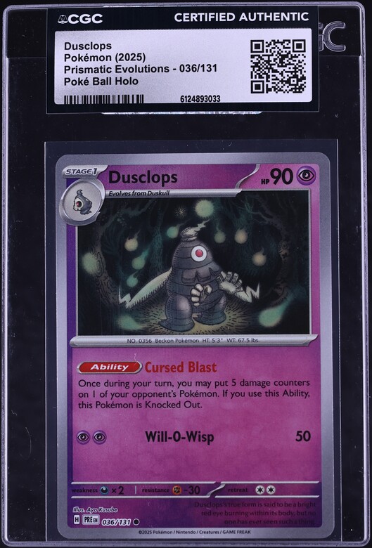 2025 Pokemon Scarlet & Violet Prismatic Evolutions Poke Ball Holo Dusclops #36 CGC AUTH