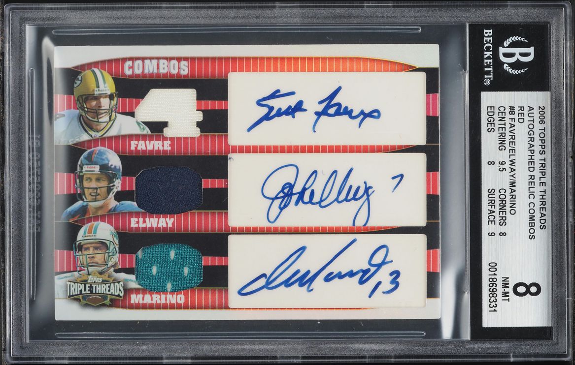 2006 Topps Triple Threads Red Brett Favre John Elway Dan Marino PATCH AUTO /36 #TTRCA-8 BGS 8