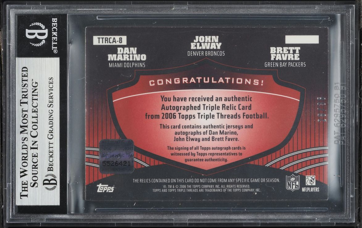 2006 Topps Triple Threads Red Brett Favre John Elway Dan Marino PATCH AUTO /36 #TTRCA-8 BGS 8