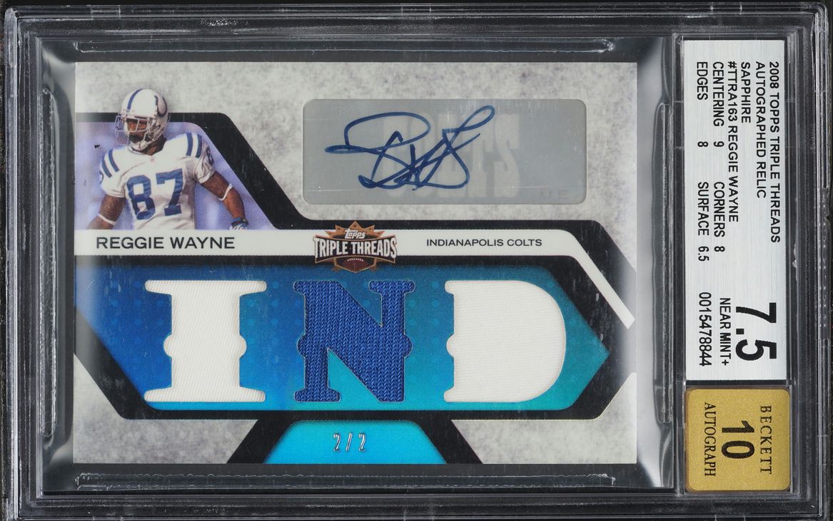 2008 Topps Triple Threads Sapphire Reggie Wayne PATCH AUTO 2/2 #TTRA163 BGS 7.5 NRMT+