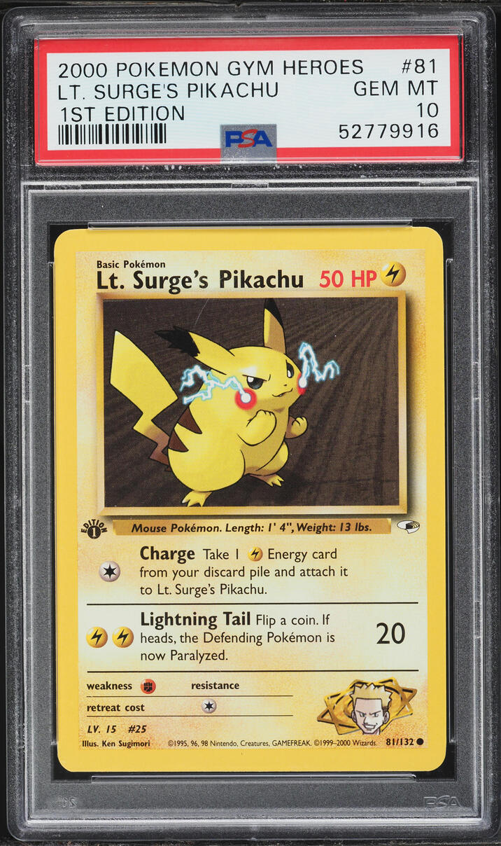 2000 Pokemon Gym Heroes 1st Edition Lt. Surge's Pikachu #81 PSA 10 GEM MINT