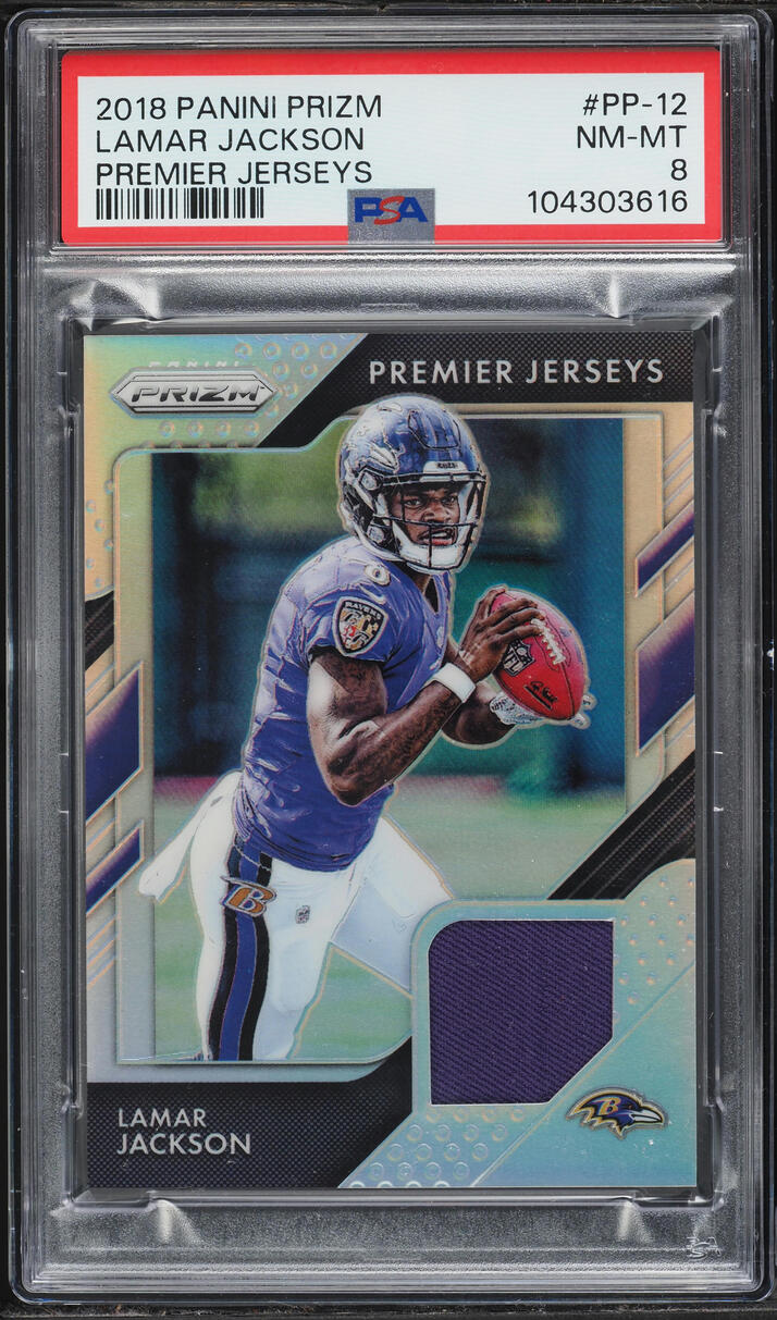 2018 Panini Prizm Premier Lamar Jackson ROOKIE PATCH #PP-12 PSA 8 NM-MT