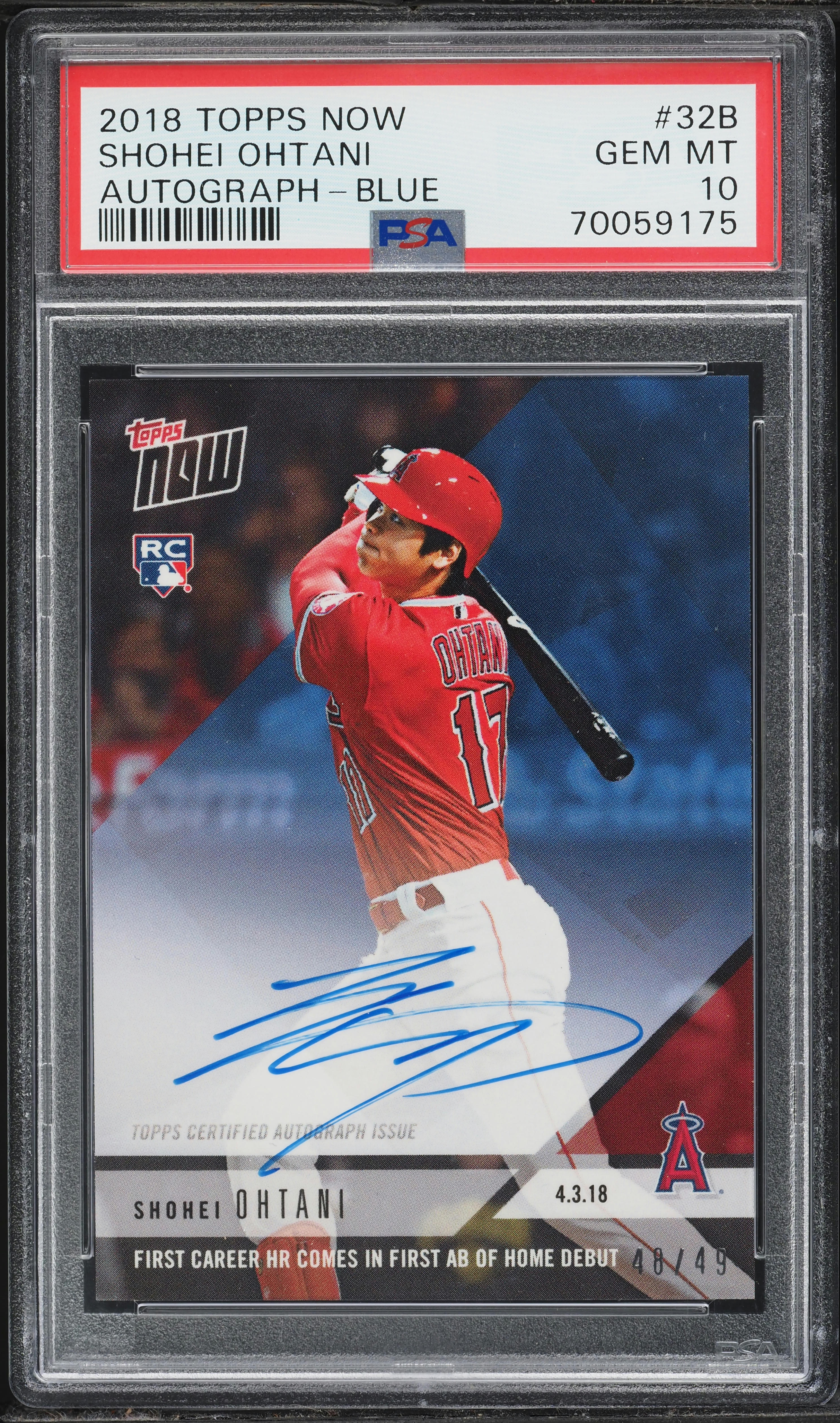 2018 Topps Now Blue Shohei Ohtani ROOKIE AUTO /49 #32B PSA 10 GEM 