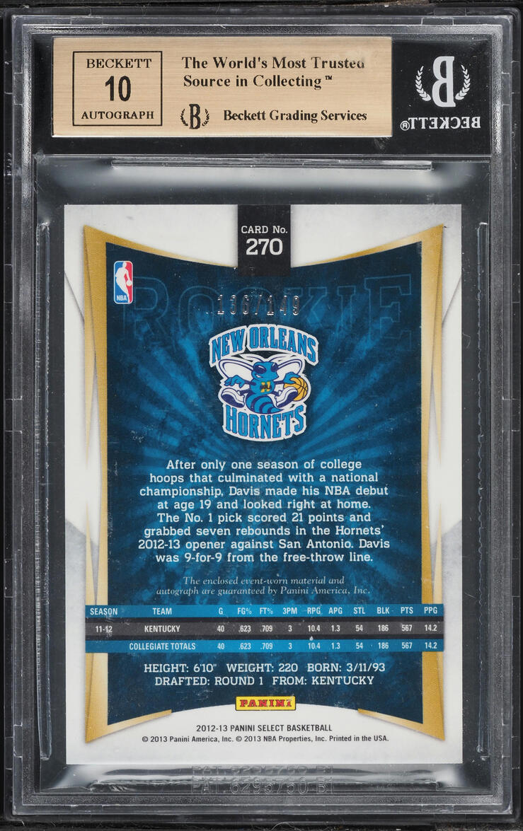 2012 Select Basketball Anthony Davis ROOKIE PATCH AUTO /149 #270 BGS 9.5 GEM