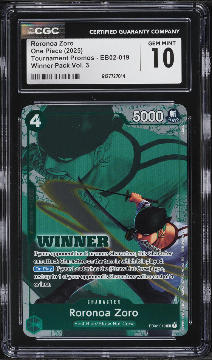 2025 One Piece Tournament Promo Winner Pack Volume 3 Roronoa Zoro #EB02-019 CGC 10 GEM MINT