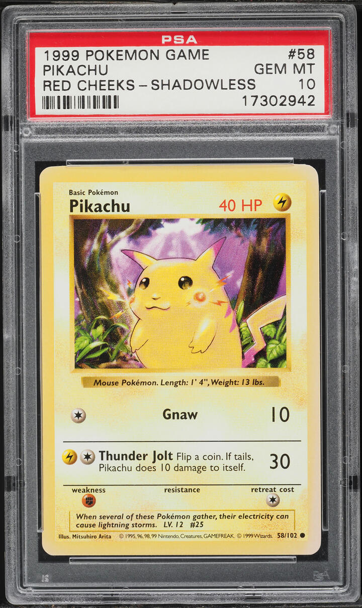 1999 Pokemon Base Set Shadowless Red Cheeks Pikachu #58 PSA 10 GEM MINT