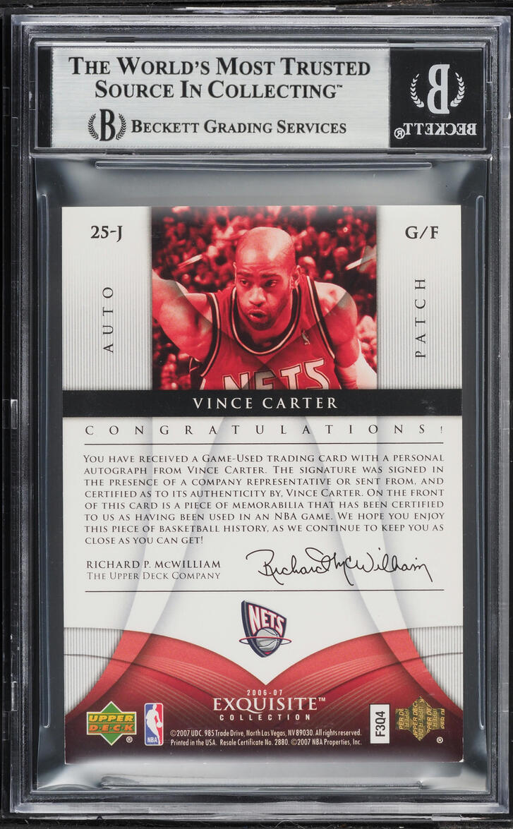 2006 Exquisite Collection Vince Carter PATCH AUTO 1/1  #25J BGS 7.5 NRMT+