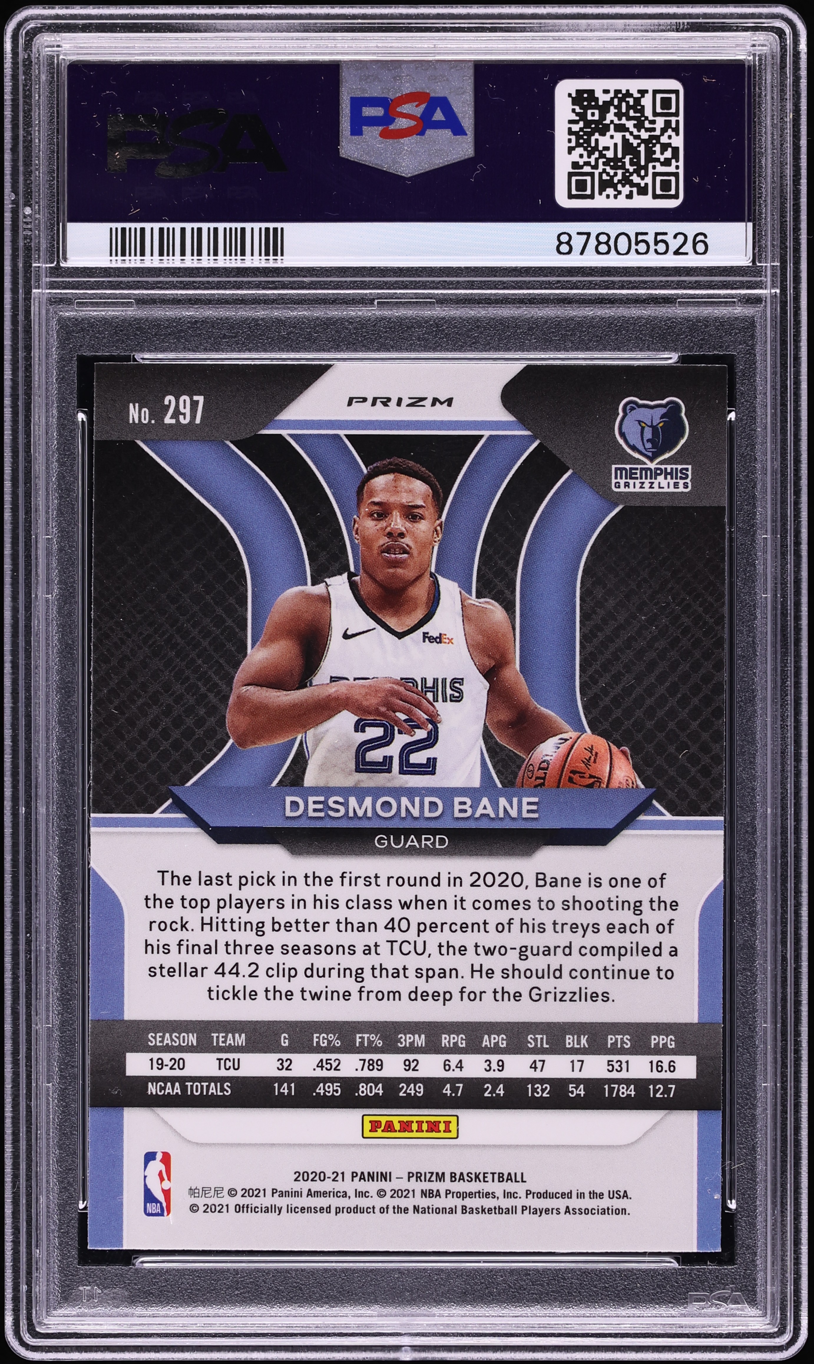 2020 Panini Prizm Silver Desmond Bane ROOKIE #297 PSA 10 GEM MINT