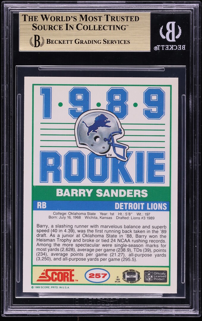 1989 Score Football Barry Sanders ROOKIE #257 BGS 9.5 GEM MINT