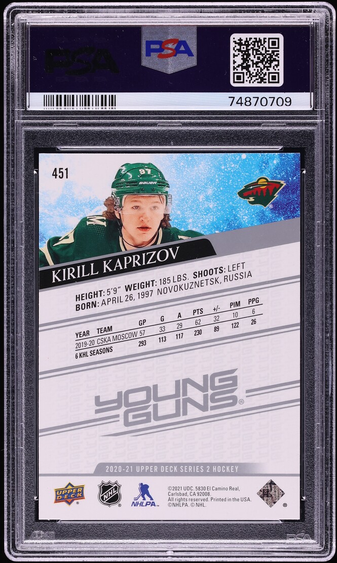 2020 Upper Deck Young Guns Kirill Kaprizov ROOKIE #451 PSA 10 GEM MINT