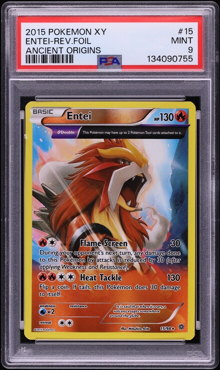 2015 Pokemon XY Ancient Origins Rev Foil Entei #15 PSA 9 MINT