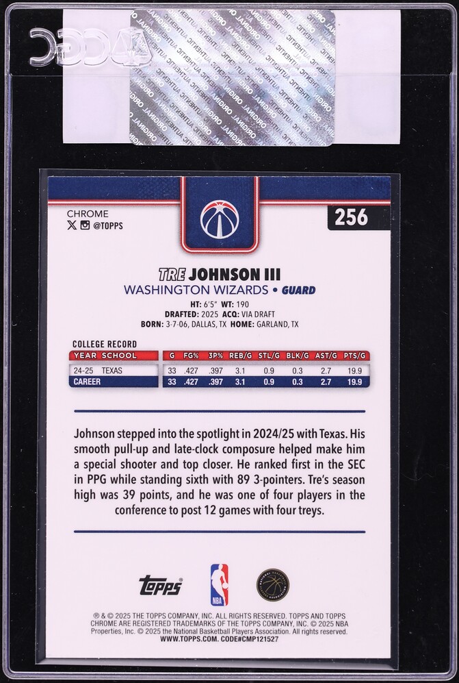 2025 Topps Chrome Prism Refractor Tre Johnson III ROOKIE #256 CGC AUTH