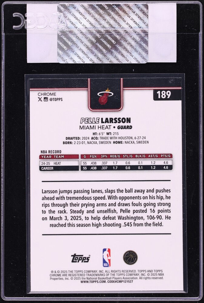 2025 Topps Chrome Blue Wave Refractor Pelle Larsson /150 #189 CGC AUTH
