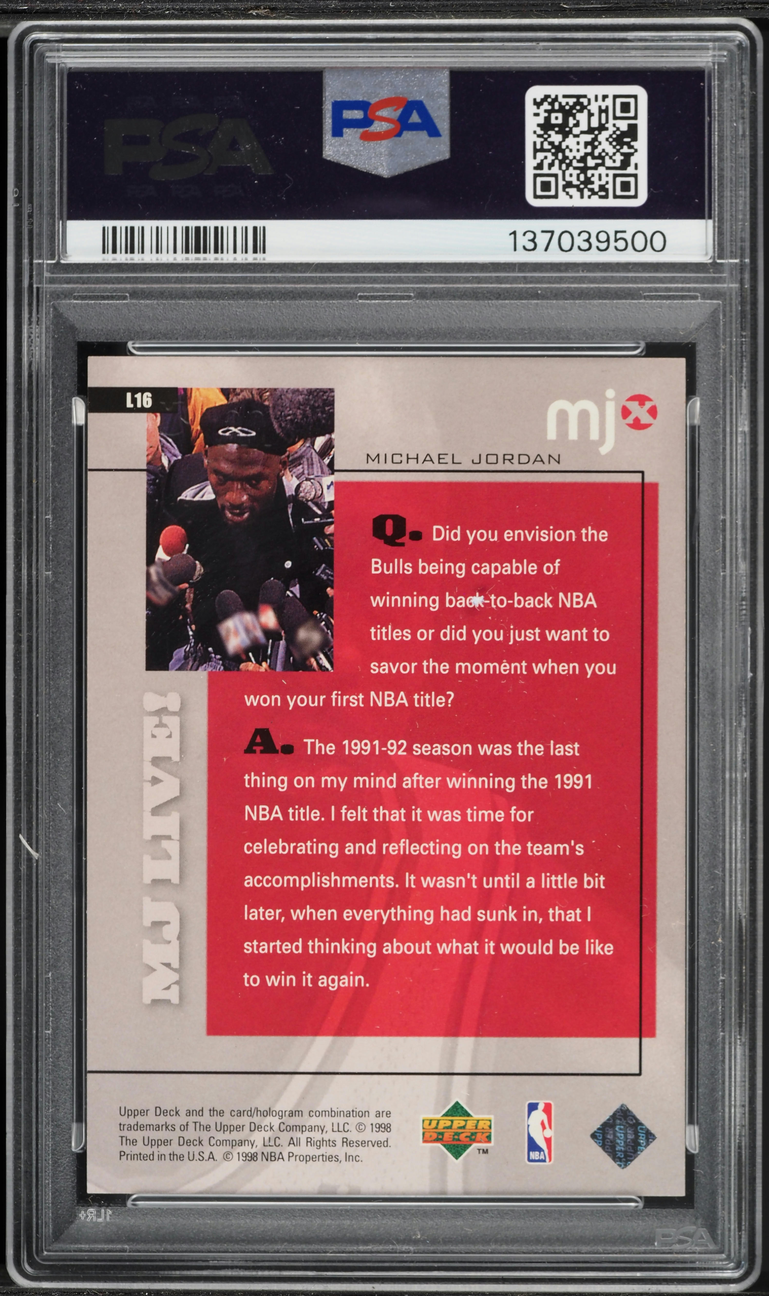 1998 Upper Deck MJx MJ Live Michael Jordan /100 #L16 PSA 8 NM-MT