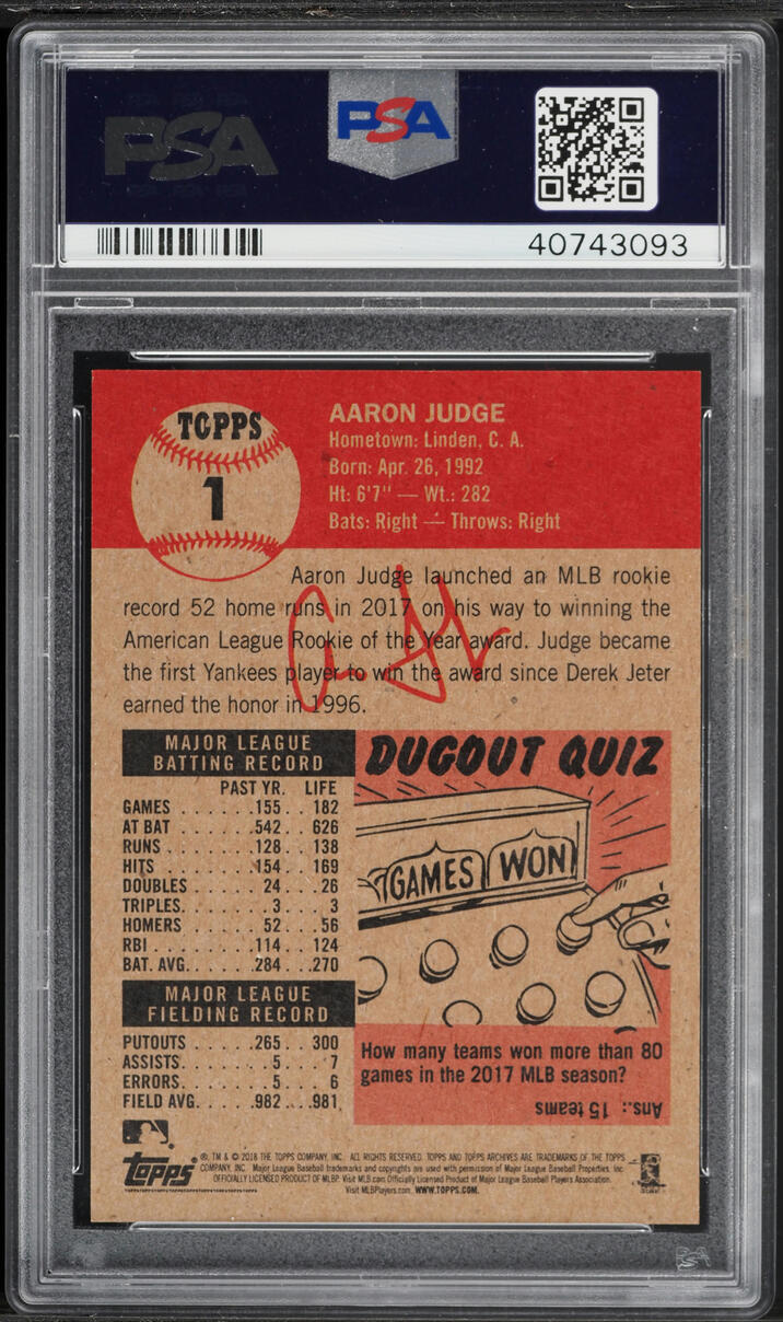 2018 Topps Living Aaron Judge #1 PSA 10 GEM MINT