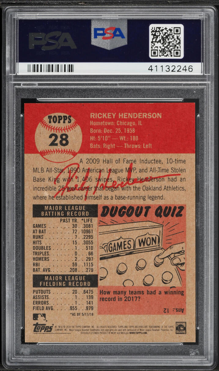2018 Topps Living Rickey Henderson #28 PSA 10 GEM MINT