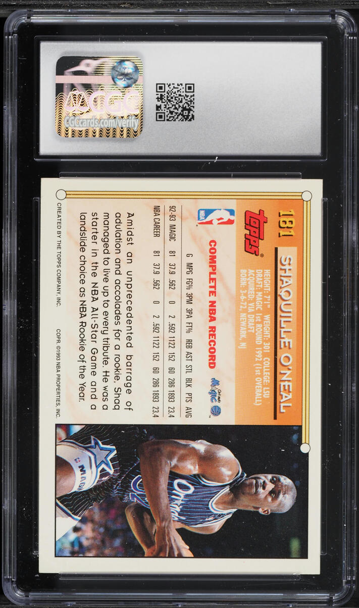 1993 Topps Basketball Shaquille O'Neal #181 CGC 8.5 NM-MT+