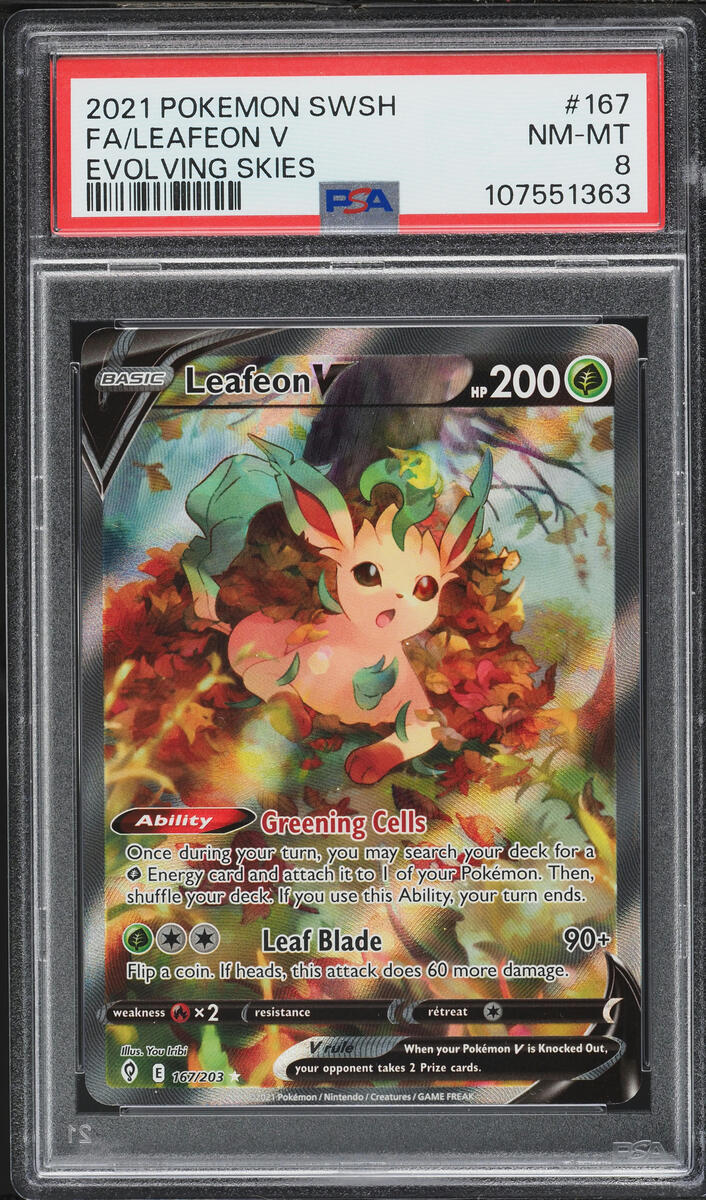2021 Pokemon SWSH Evolving Skies Full Art Leafeon V #167 PSA 8 NM-MT