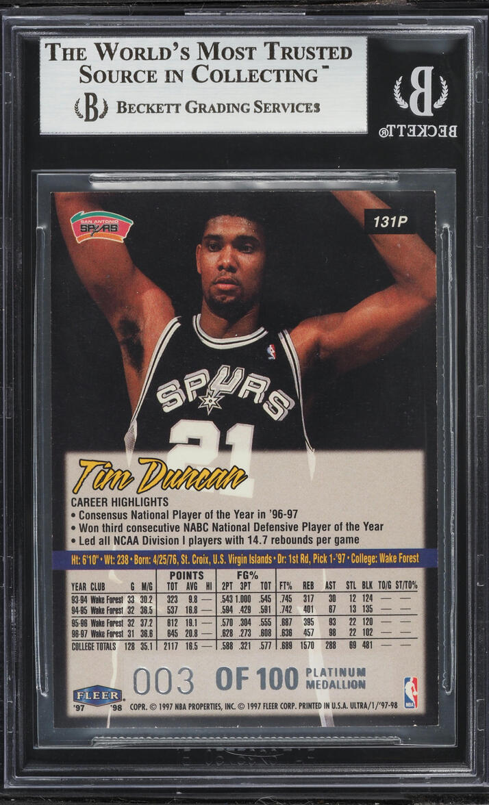 1997 Ultra Platinum Medallion Tim Duncan ROOKIE /100 #131P BGS 9 MINT
