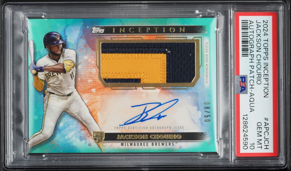 2024 Topps Inception Aqua Jackson Chourio ROOKIE PATCH AUTO /50 #APC-JCH PSA 10 GEM MINT