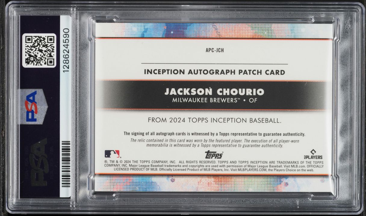 2024 Topps Inception Aqua Jackson Chourio ROOKIE PATCH AUTO /50 #APC-JCH PSA 10 GEM MINT