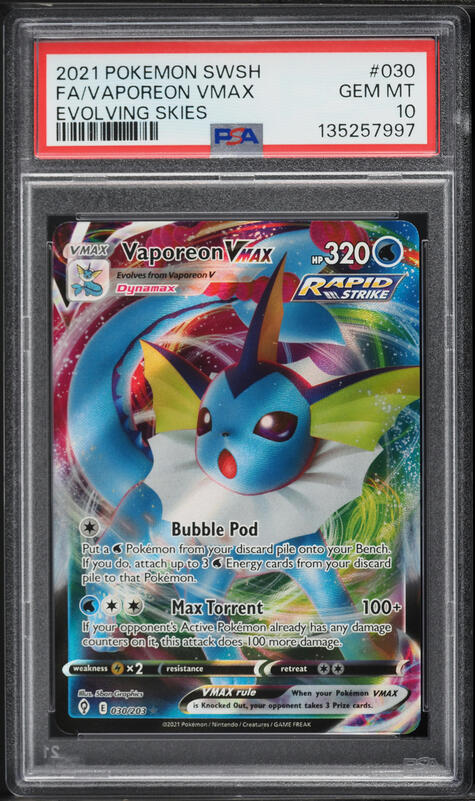 2021 Pokemon Sword & Shield Evolving Skies Full Art Vaporeon VMAX #30 PSA 10 GEM MINT