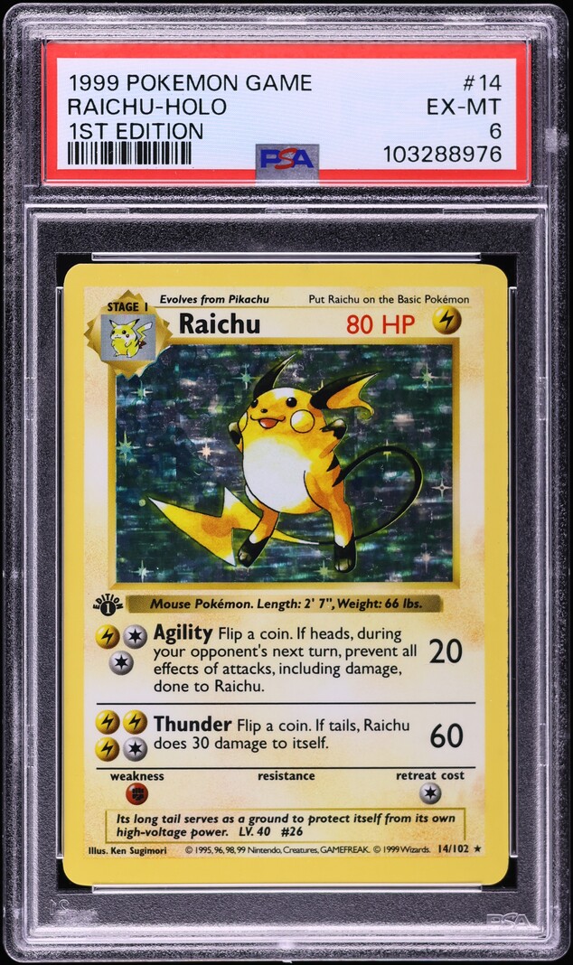1999 Pokemon Base Set Shadowless 1st Edition Holo Raichu #14 PSA 6 EXMT