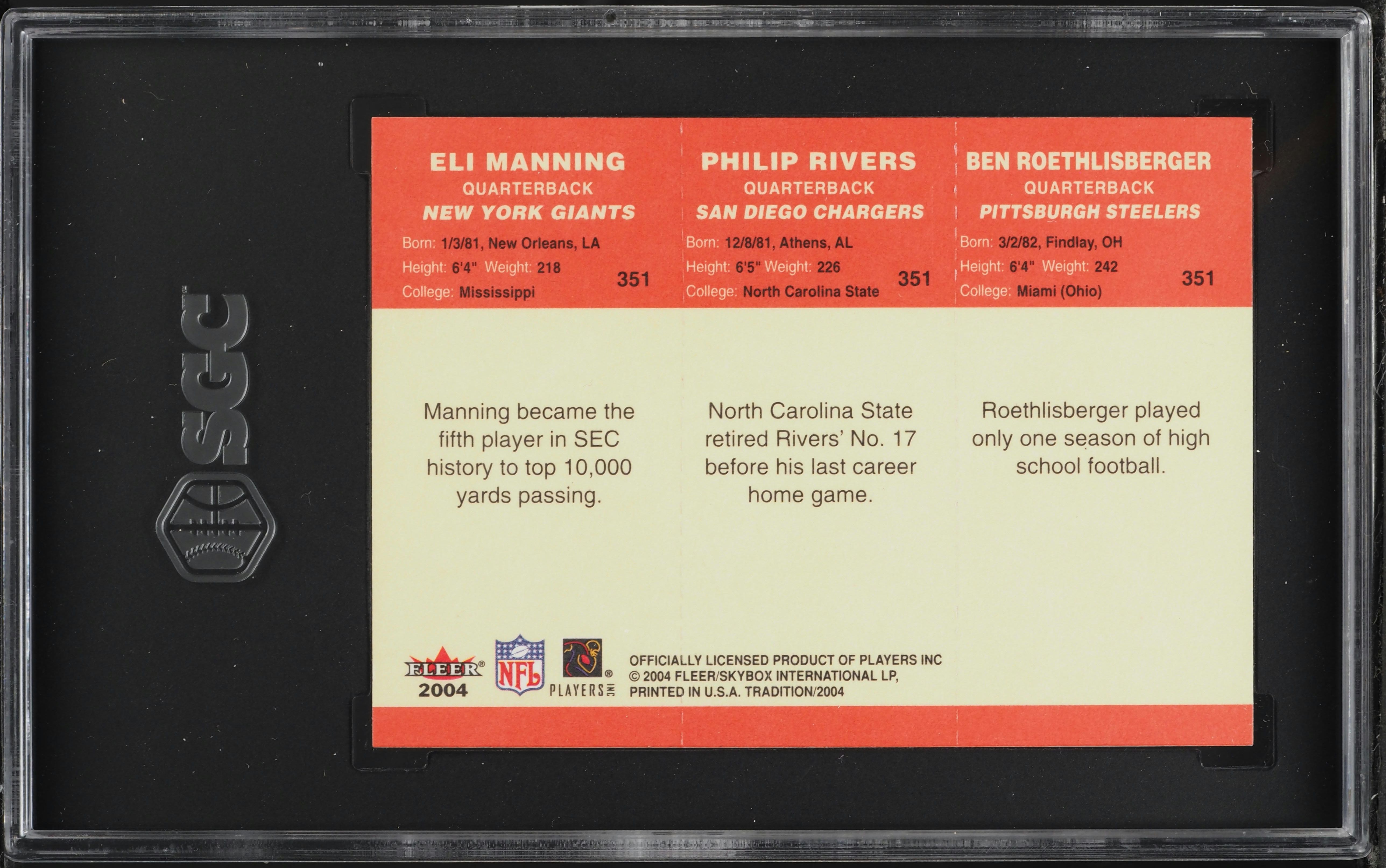 2004 Fleer Tradition Eli Manning Philip Rivers Ben Roethlisberger
