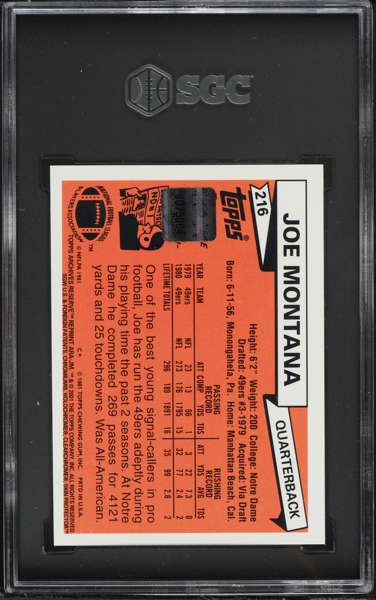 2001 Topps Archives Reserve Rookie Reprint Joe Montana AUTO #ARA-JM SGC 8 NM-MT