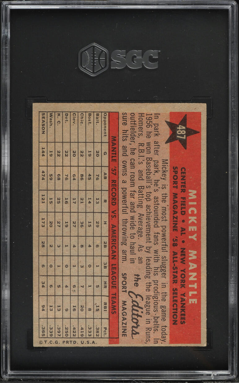 1958 Topps Mickey Mantle ALL-STAR #487 SGC 5 EX